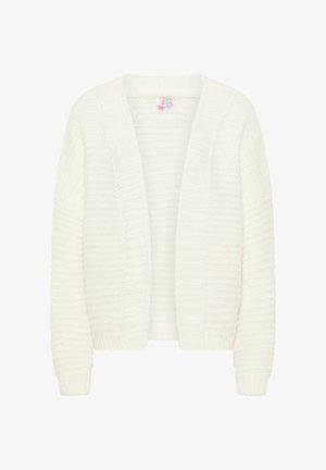 Hvid strikket cardigan med åben front, tekstureret mønster, ribbede manchetter og kant. Fremstillet af blødt materiale, der giver varme og komfort.