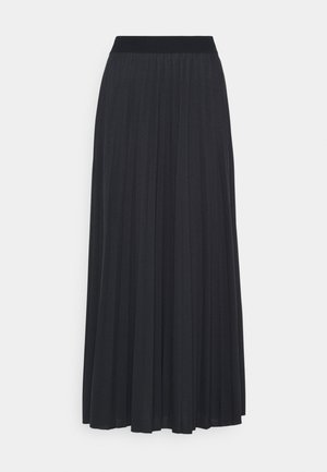 Jupe plissée noire mi-longue avec taille élastique, silhouette évasée et plis étroits verticaux.