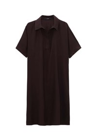 Braunes kurzärmliges Kleid mit lockerer Passform, Kragen und Knopfverschluss. Hergestellt aus weichem Stoff mit glatter Textur.