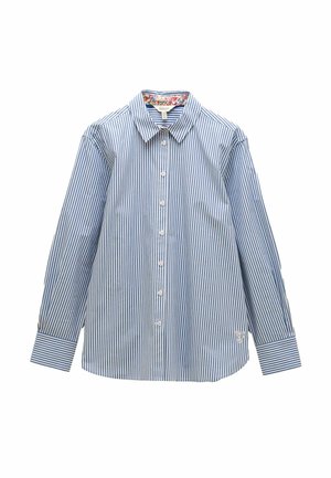 Blue and white vertical striped long-sleeve button-up shirt with collar and floral inner collar detail, laid flat on white background.