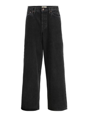 Black wide-leg jeans made from denim fabric. Features a high waist, two front pockets, a button closure, and subtle stitching details.