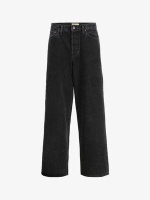 Jean noir à jambes larges en tissu denim. Présente une taille haute, deux poches avant, une fermeture à bouton et des détails de couture subtils.