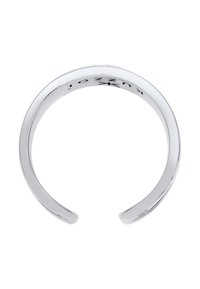 Silberne Armcuff mit einer glatten, polierten Oberfläche. Offenes Design mit abgerundeten Kanten, das eine eingravierte Markenkennzeichnung auf dem inneren Band aufweist.