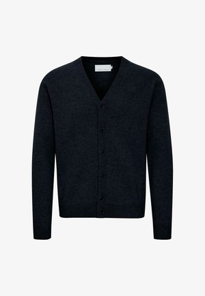 Tums zila adīta kardigāna ar V formas kakla izgriezumu, priekšējo pogu aizdari, garām piedurknēm un ribota maliņa. Izgatavots no mīksta, strukturēta auduma.