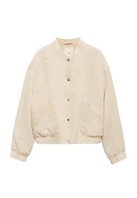 Beżowa kurtka zapinana na guziki z okrągłym kołnierzem, długimi rękawami, elastycznymi mankietami i elastycznym pasem, wykonana z lekkiej teksturowanej tkaniny.