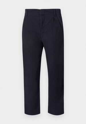 Pantalons bleu marine en coton, avec une coupe droite, un devant plissé et des passants de ceinture à la taille.
