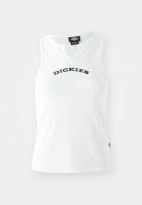 Débardeur blanc à côtes avec un design en V, affichant le mot "DICKIES" en lettres noires en gras sur la poitrine. Sans manches.