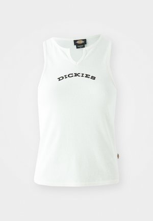 White ribbed tank top with a V-neck design, featuring the word "DICKIES" in bold black letters across the chest. No sleeves.