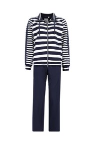 Veste zippée rayée bleu marine et blanche avec manches longues et pantalon bleu marine assorti, fabriquée en tissu doux. Comprend un col et des poches à l'avant.