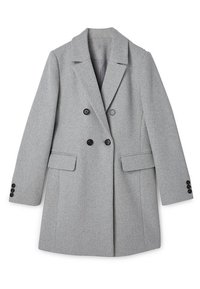 Cappotto doppio petto in misto lana grigio con rever a lancia, due tasche anteriori e dettagli in bottoni neri sulla parte anteriore e sulle maniche.