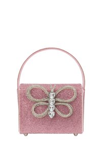 Rosa glittrig handväska med en framträdande fjärilsdesign med rhinestones, rektangulär form och en platt handtag.