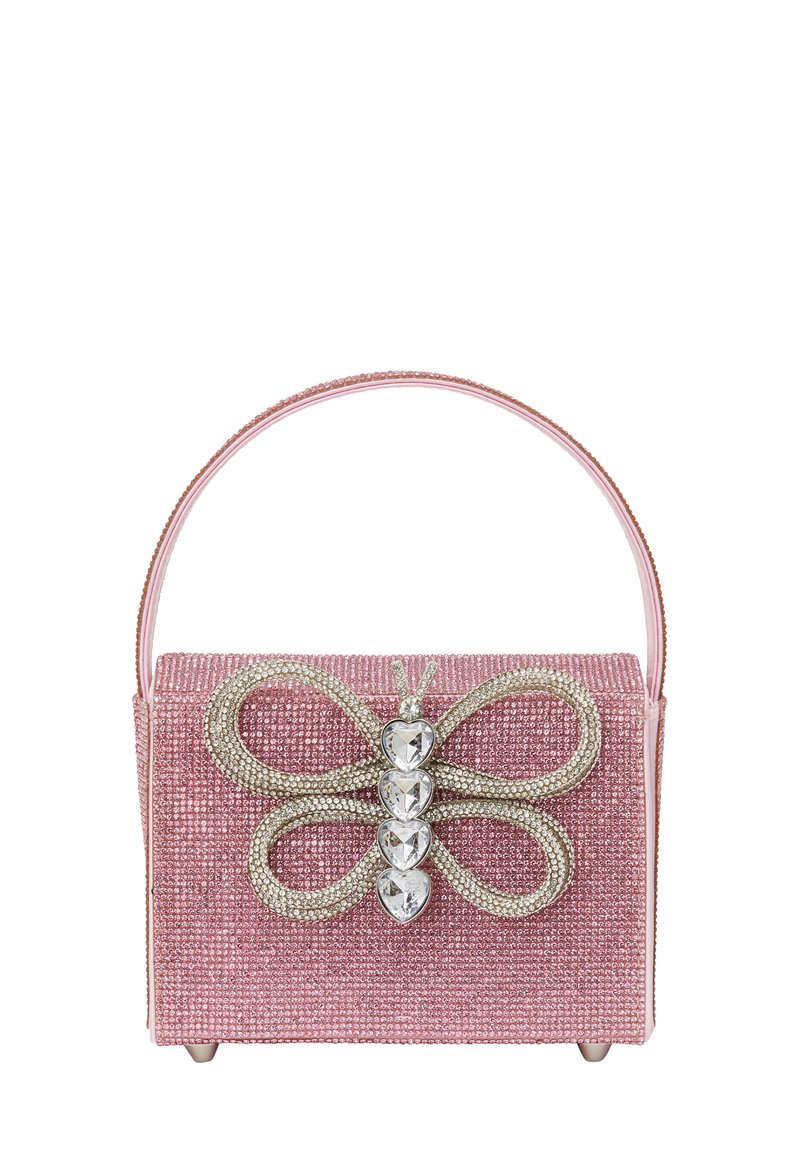 Rosa glittrig handväska med en framträdande fjärilsdesign med rhinestones, rektangulär form och en platt handtag.