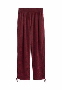 Burgundy leveleggsbukser laget av myk stoff med et subtilt blomstermønster, med elastisk midjebånd og justerbare snorer ved hemmet.