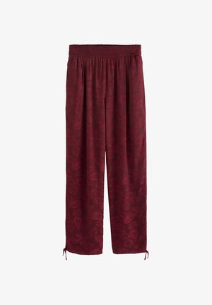 Burgundy wide-leg trousers made of soft fabric with a subtle floral pattern, featuring an elastic waistband and adjustable drawstrings at the hems.
