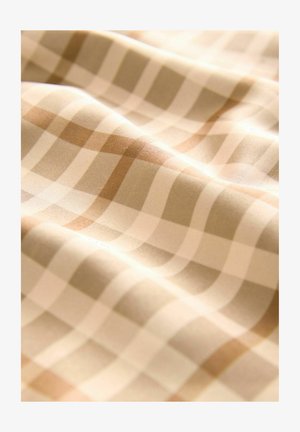 Beige and light brown checked fabric, featuring a smooth texture and subtle sheen. The design includes alternating squares in a grid pattern.