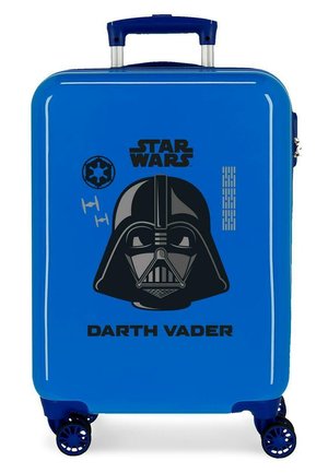 Maleta rígida azul con casco de Darth Vader, logotipo de Star Wars, cazas TIE y texto "Darth Vader" en negro.