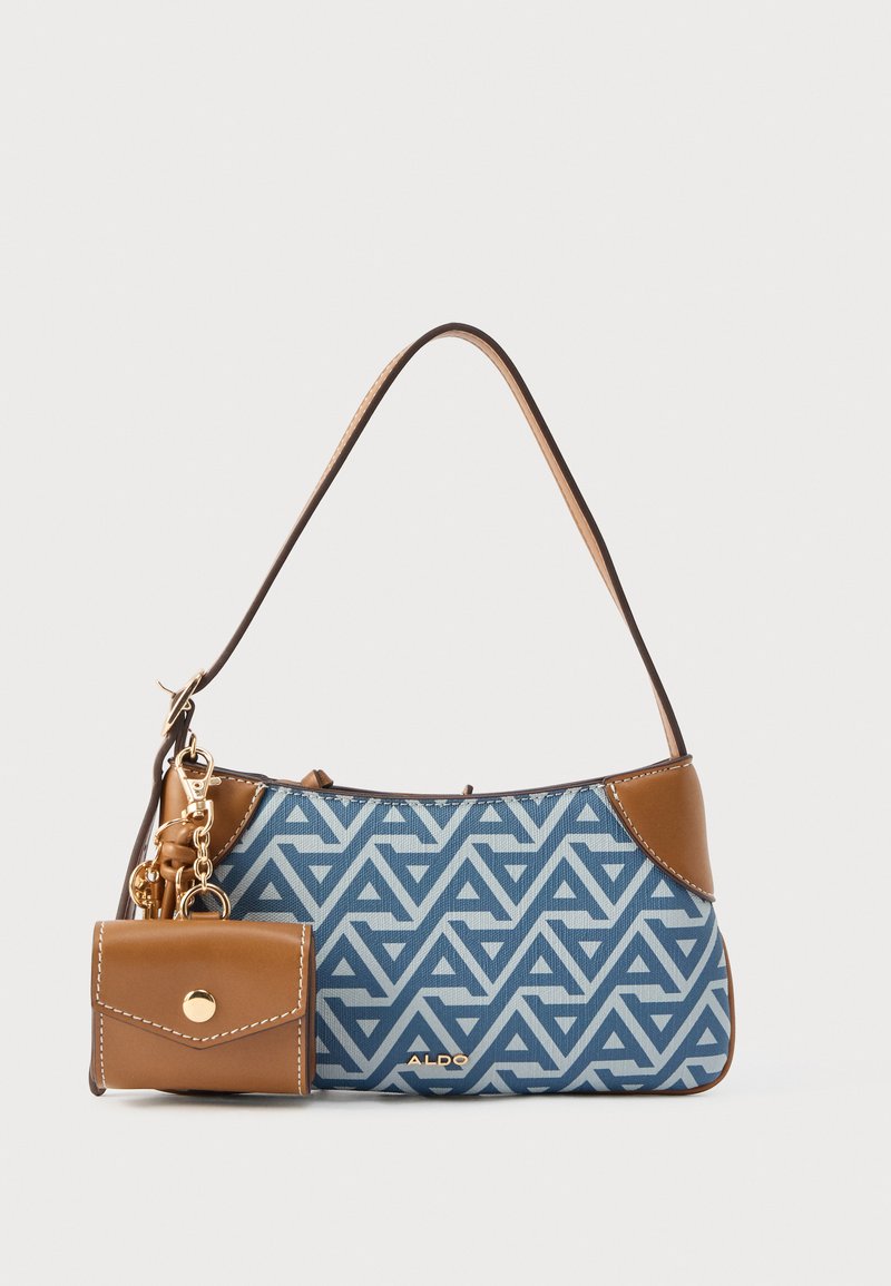 Mėlyna rankinė su geometriniu raštu, rudos odos akcentais, petneša ir nuimamu derančiu mini krepšeliu su snapeliu užsegimu.