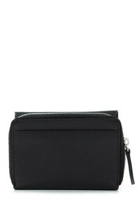 Black leather wallet with a textured finish, zippered closure, and exterior card slots. Compact rectangular shape. Silver hardware accents.