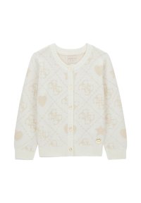 Cardigan crema con un motivo testurizzato di cuori e loghi. Presenta un colletto e polsini a costine, con dettagli e bottoni in tono dorato.