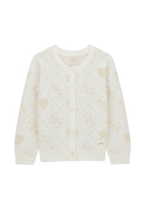 Cardigan crema con un motivo testurizzato di cuori e loghi. Presenta un colletto e polsini a costine, con dettagli e bottoni in tono dorato.