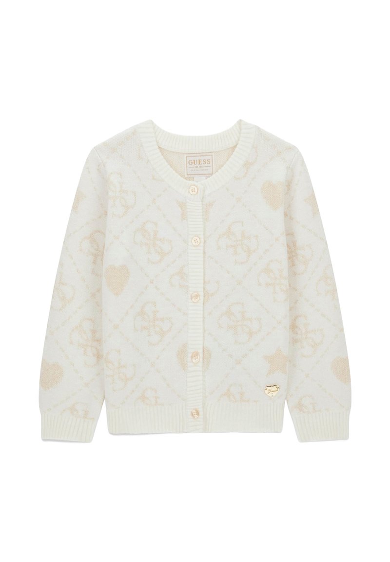 Cardigan crema con un motivo testurizzato di cuori e loghi. Presenta un colletto e polsini a costine, con dettagli e bottoni in tono dorato.