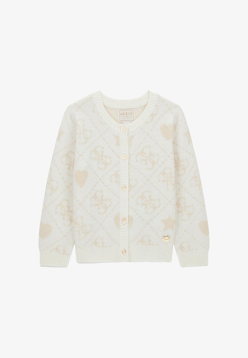 Cremefarbener Cardigan mit einem strukturierten Muster aus Herzen und Logos. Verfügt über einen gerippten Kragen und Bündchen sowie Details und Knöpfe in goldfarbener Optik.