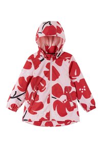 Lichtgewicht jas met bloemmotief in roze en rood, voorzien van een capuchon, ritssluiting, elastische manchetten en twee zijzakken. Waterafstotend materiaal.