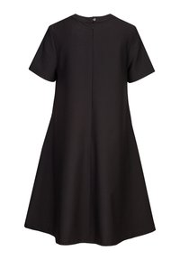 Schwarzes kurzärmeliges Kleid mit schwingendem Rock, aus glattem Material gefertigt. Verfügt über einen Knopfverschluss im Rücken und ein minimalistisches Design.