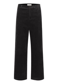 Pantalon large en velours côtelé noir avec nervures verticales, doté d'une taille standard et d'une coupe droite, conçu pour le confort et la polyvalence.
