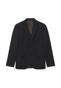 Mørkegrå blazer med to knapper og diskret ternet mønster, med slåede kraver og tre frontlommer, præsenteret på hvid baggrund.