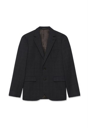 Dunkelgrauer Zwei-Knopf-Blazer mit dezentem Karomuster, Reverskragen und drei vorderen Taschen, vor weißem Hintergrund präsentiert.