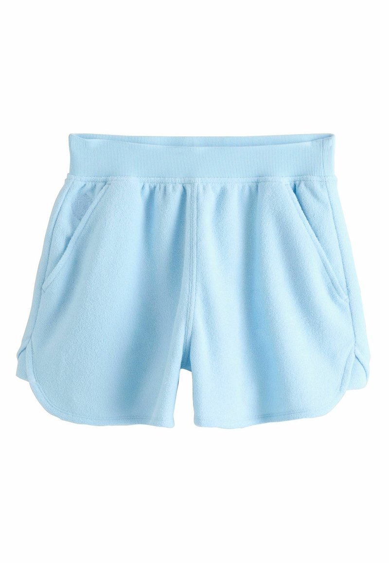 Pantalones cortos de forro polar azul claro con cintura elástica y bolsillos laterales, con bordes de dobladillo redondeados sobre un fondo blanco.