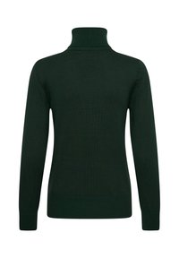 Pull à col roulé vert foncé à manches longues avec col, poignets et bas côtelés, vu de dos sur fond blanc.