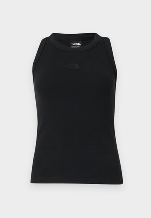 Débardeur noir côtelé avec un col rond et un design sans manches. Présente un logo discret sur la poitrine et une texture lisse.