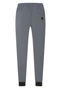 Pantalones deportivos ligeros y grises con cintura elástica, tobillos ajustados y un bolsillo lateral con un acento negro redondo.
