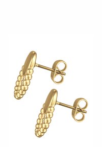 Gouden studs met een gladde ovale bovenkant en textuurachtige, parelachtige accenten langs de basis, met een veilige vlinder sluiting.