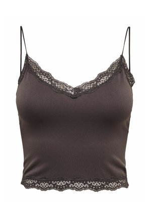 Mørkebrun ærmeløs crop top med tynde stropper og blonder langs udskæringen og kanten.