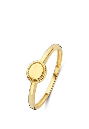 Goldener Ring mit einem dünnen Band und einer runden, glatten Fassung, die in einem strukturierten, geflochtenen runden Rahmen sitzt.