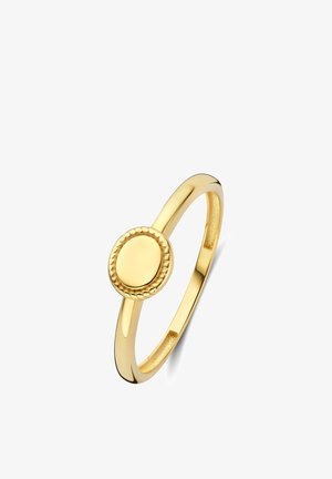 Goldener Ring mit einem dünnen Band und einer runden, glatten Fassung, die in einem strukturierten, geflochtenen runden Rahmen sitzt.
