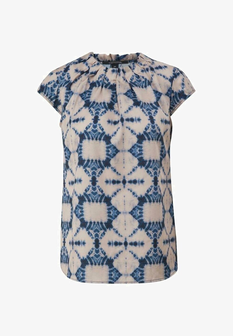 Blusa de manga corta para mujer con patrón de tinte de lazo geométrico en azul y beige y escote fruncido, talla 36.