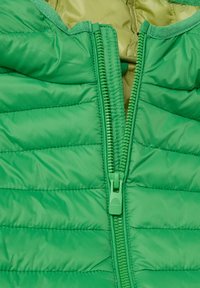 Grüne Pufferjacke mit einem Reißverschluss vorne, ausgestattet mit einer glatten Textur, horizontal gestepptem Design und einem kontrastierenden Innenfutter in einem helleren Grünton.
