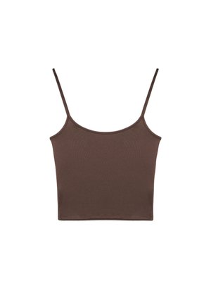 Brown cropped tank top with thin shoulder straps and a simple, fitted design on a white background.
