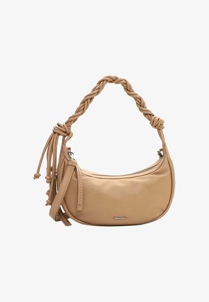 Brązowa skórzana torebka z plecionym uchwytem i ozdobnymi frędzlami. Posiada zamknięcie na suwak oraz zaokrąglony kształt. Gładka faktura, minimalistyczny design.