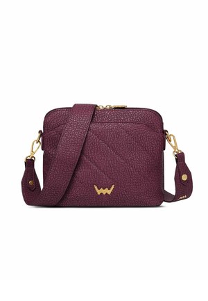Burgundy textured leather bag with gold hardware, quilted design, detachable strap, and a logo accent on the front. Zip closure.