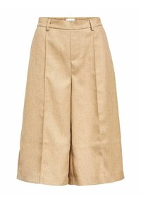 Culotte beige a vita alta in un tessuto testurizzato, con pieghe frontali, tasche laterali e un design a gamba larga.