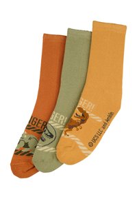 Drei Paar Baumwollsocken: orange mit Dinosauriergrafiken, grün mit einem Dinosaurierschädel und senfgelb mit einem Löwendesign.