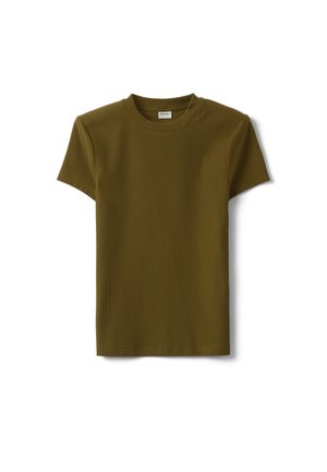 T-shirt verde oliva a maniche corte con collo rotondo e costine, distesa su sfondo bianco.