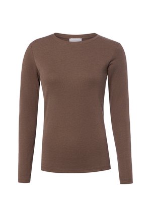 Long-sleeve, plain brown shirt with crew neck, shown front view on a white background.