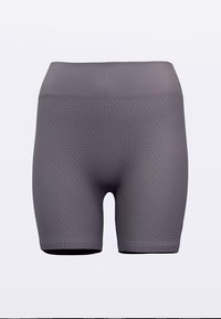 Shorts de sport gris avec une taille côtelée, un tissu texturé présentant un motif en losange, et une coupe ajustée pour le confort et la flexibilité.