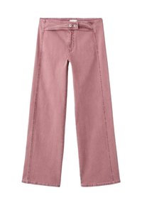 Jeans de pierna ancha en color rosa, hechos de mezclilla, con cierre de botón, ligera textura y detalles de costura visibles a lo largo de los lados.